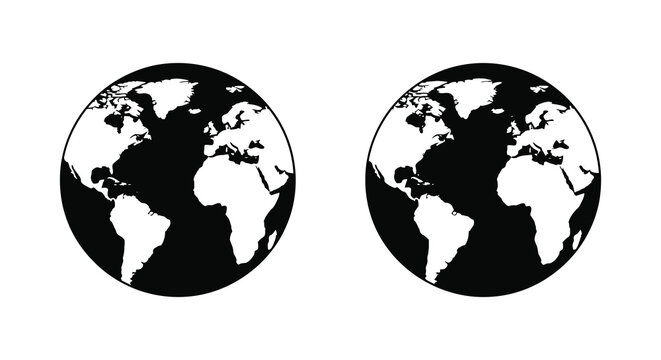 Two globe silhouettes with continental outlines black and white silhouette