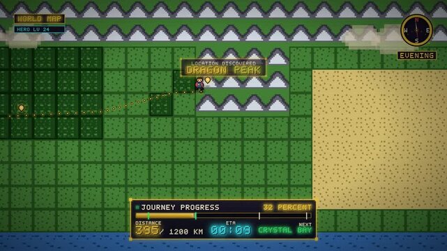 Retro pixel art role playing game world map interface