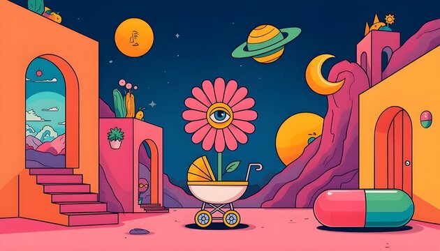 Surreal vector art, eye-flower in stroller, cosmic landscape.