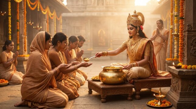 Sacred Ritual in Ancient Temple: A woman in ornate attire serves a sacred offering to a group of devotees seated on the floor within a richly decorated temple courtyard.