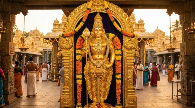 Golden Deity in Temple Courtyard: A majestic golden statue of a deity stands prominently in the ornate courtyard of a grand temple, with devotees gathered in prayer and reverence.
