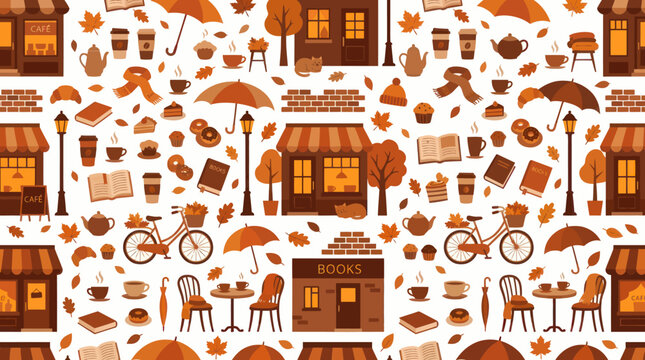 Autumn Urban Lifestyle Flat Vector Seamless Pattern: Cafe, Books, Fall Leaves, and Cozy Elements