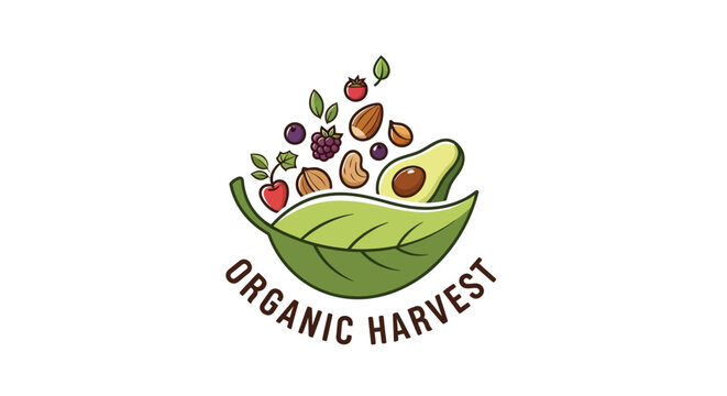 Healthy food logo fresh avocado nuts berries leaf illustration white background