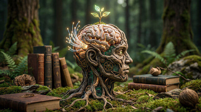 human brain profile growing as a tree root in encvhanted forest with vitage books, concept of knowledge, psychology and personal development.