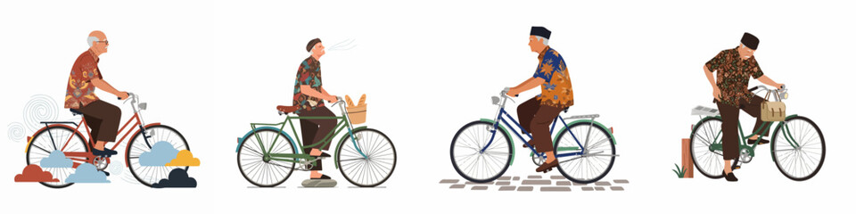 Fototapeta premium Set of Vector Illustrations Depicting Elderly Indonesian Men in Traditional Batik Shirts Riding Vintage Bicycles on a White Background