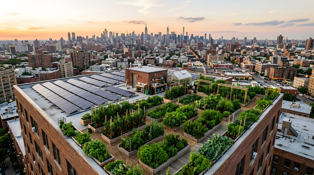 Rooftop urban farm with solar panels and city skyline at sunset