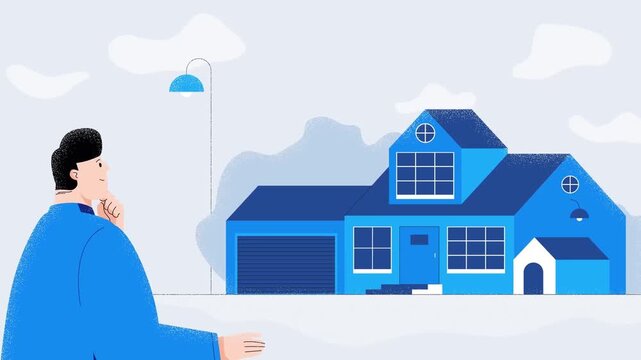 Man Looking at Modern House Exterior Animated Real Estate and Property Investment Concept with Residential Home Flat Style Illustration