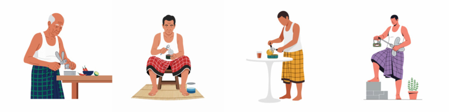 Flat illustration set of Southeast Asian men in traditional sarongs opening various cans of food using different tools in domestic settings.
