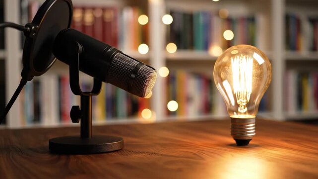 Professional black microphone on a desk stand with pop filter beside a glowing vintage incandescent light bulb on a wooden table, blurred bookshelf and bokeh in the background.