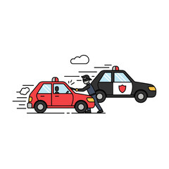 Fototapeta premium A cartoon illustration depicts a chase scene between a police vehicle and a criminal car