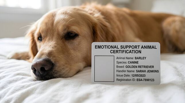 Golden retriever lying on bed with ESA certification card