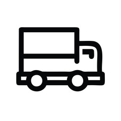 Fototapeta premium Simple black truck icon with trailer vector - Minimalist line art vector icon of a black delivery truck pulling a trailer on wheels.