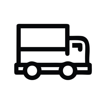 Simple black truck icon with trailer vector - Minimalist line art vector icon of a black delivery truck pulling a trailer on wheels.