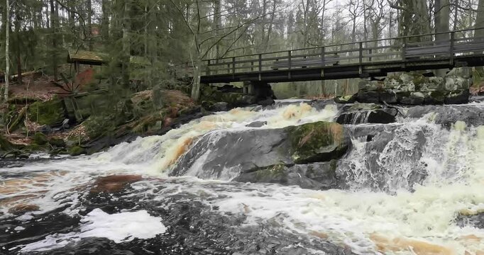 Beautiful Myllykoski Rapids, part of the Karjaanjoki river, in cloudy spring weather, located in Karkkila, Finland, Europe.