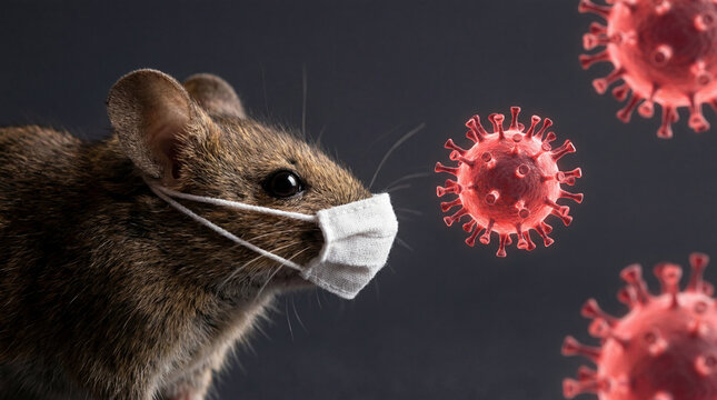 Mouse Wearing Face Mask Amidst Coronavirus Particles