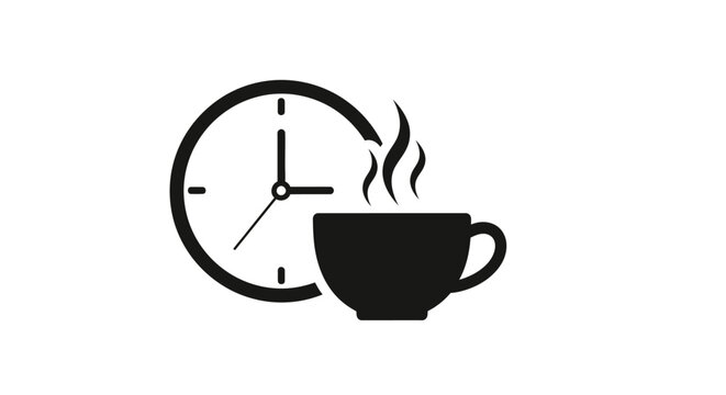 Steaming coffee cup with clock icon.