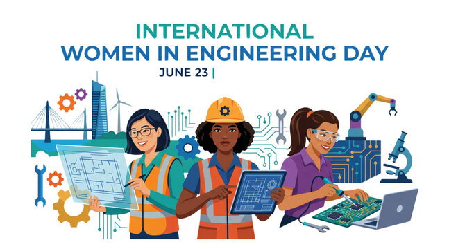 International Women in Engineering Day vector design featuring diverse female engineers robotics electronics architecture and industrial technology innovation concept