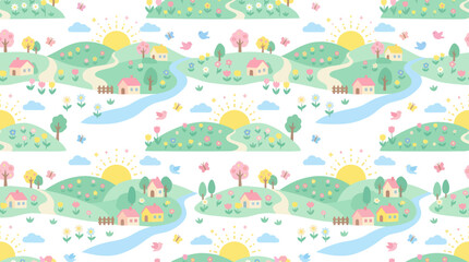 Fototapeta premium Cute Spring Landscape Seamless Pattern with Houses, Hills, and Flowers
