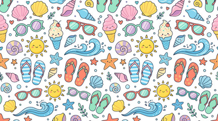 Fototapeta premium Cute Summer Beach Pattern with Ice Cream, Sun, Sunglasses, Shells, Flip Flops