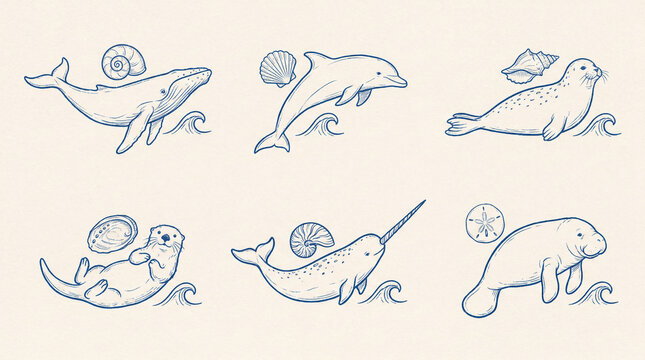 Whimsical Marine Life Collection: Dolphin, Whale, Seal, Otter, Narwhal, Manatee