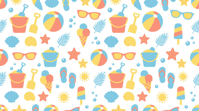 Flat Design Summer Beach Vacation Seamless Pattern with Colorful Beach Items and Travel Elements