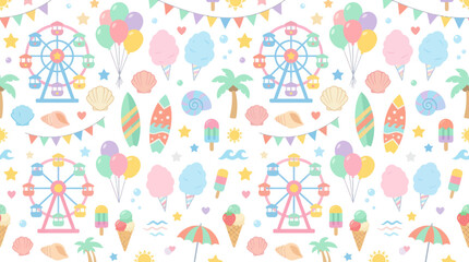 Obraz premium Flat Summer Amusement Park Seamless Pattern with Ferris Wheels, Ice Cream, Balloons, and Beach Vacation Elements