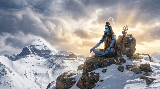 Meditating Lord Shiva in Snowy Mountains: The deity Lord Shiva sits in a meditative pose atop a rocky outcrop, surrounded by snow-capped mountains and dramatic clouds, illuminated by a heavenly light.