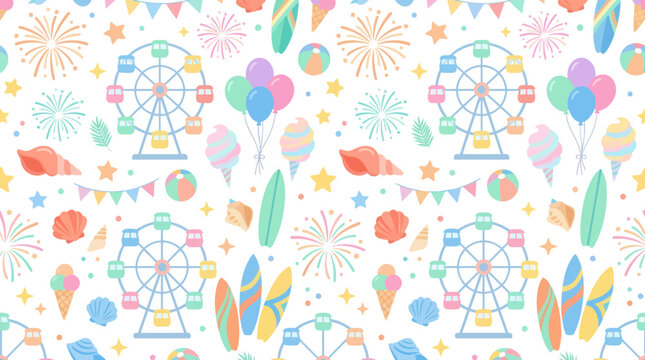 Seamless Summer Carnival Pattern: Ferris Wheels, Fireworks, Beach Fun