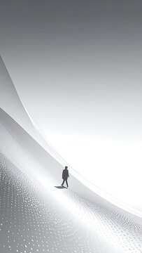 A lone figure walks across a stark, abstract landscape.