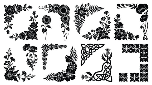 Intricate black silhouette floral borders and corners showcasing various blooms and foliage styles.