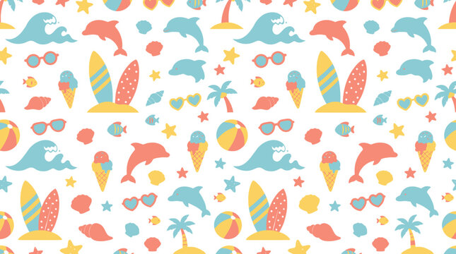 Summer Beach Vacation Flat Design Seamless Pattern with Cartoon Dolphins, Surfboards, and Sea Elements