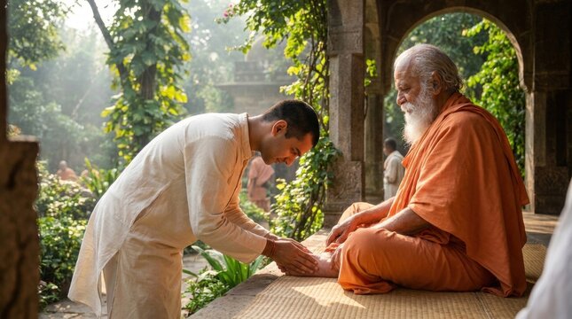 Spiritual Guidance and Reverence: A devotee respectfully bows to a wise guru, seeking blessings and spiritual enlightenment in a tranquil.
