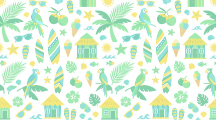 Obraz premium Tropical Summer Seamless Pattern with Parrots, Surfboards, Huts, and Ice Cream