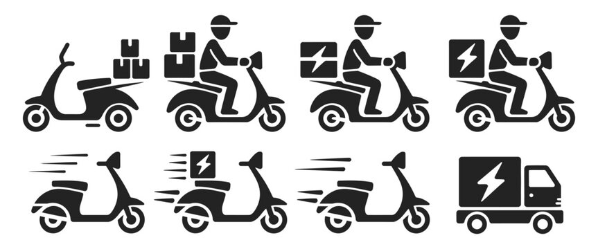 Food And Grocery Delivery Scooter Courier Silhouette Icons, Fast Delivery Service Symbols, Online Shopping Transport And Express Courier Vector Design.