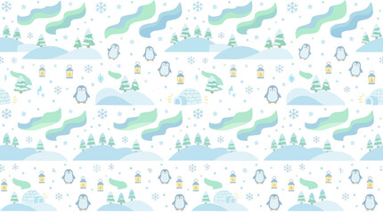 Obraz premium Cute Winter Arctic Penguin Aurora Borealis Seamless Pattern Flat Style