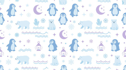 Obraz premium Cute Winter Animals Seamless Pattern: Penguins and Polar Bears in Flat Art Style
