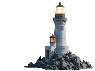 Detailed 3d lighthouse standing on jagged grey rocks with glowing lantern room and warm light isolated on a transparent background © dnaim