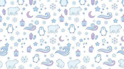 Obraz premium Cute Winter Pattern with Polar Bears, Penguins, Snowflakes, Stars, Moon, Crystals