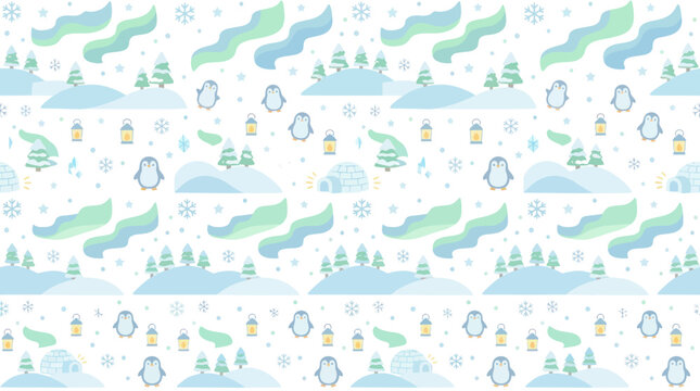 Cute Winter Arctic Penguin Aurora Borealis Seamless Pattern Flat Style
