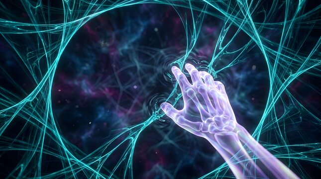 Digital hand exploring a cosmic energy vortex, symbolizing human interaction with advanced technology and the intricate mysteries of the digital universe