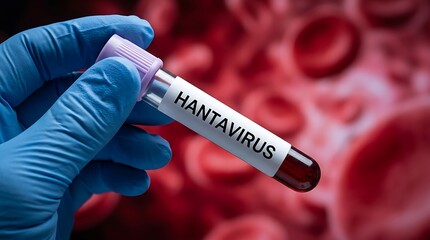 Obraz premium Medical professional in blue gloves holding a blood sample vial labeled Hantavirus against a blurred background of red blood cells