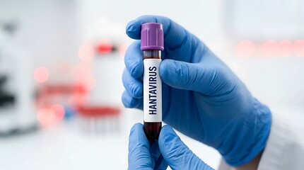 Fototapeta premium Medical professional wearing blue gloves holding a vial labeled hantavirus in a laboratory setting with blurred background equipment