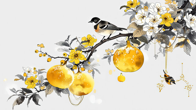 Chinese painting gourd flowers birds on branch light gray background ink wash traditional artistic charm golden yellow fruits hanging bird perched nearby vibrant colors peaceful pleasant feeling