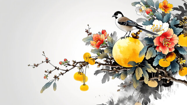 Chinese traditional art gourd bird branch light gray ink wash golden fruits hanging nearby peaceful vivid