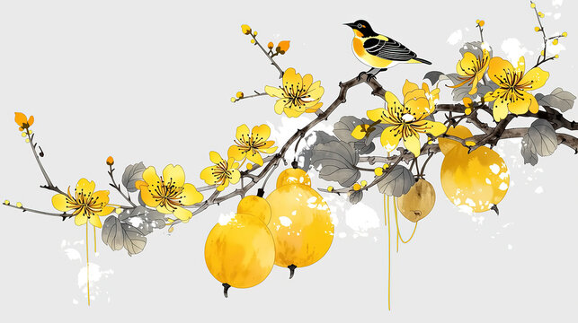 Ink painting gourd flowers bird branch light gray backdrop yellow fruits traditional style bright colors pleasant