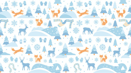 Obraz premium Winter Fox and Deer Seamless Pattern - Flat Cute Animal Art for Kids