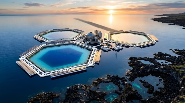 Aerial view of a luxurious floating resort with serene hexagonal pools, nestled on a dramatic volcanic coastline at sunrise, an architectural marvel showcasing modern design and tranquil nature