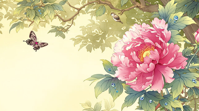 Ink wash peony butterfly light yellow background large pink flower emerald foliage small bird blue gemstones delicate neat brush high res rustic charm