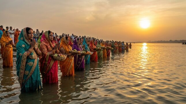 Devotees in Sacred River: A spiritual gathering of people, adorned in vibrant traditional attire, stand in a flowing river, offering prayers and tributes during a sunset ceremony.