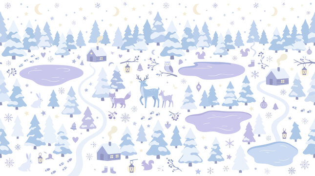 Cute Winter Forest Scene with Animals, Trees, Houses, and Snowflakes - Flat Style